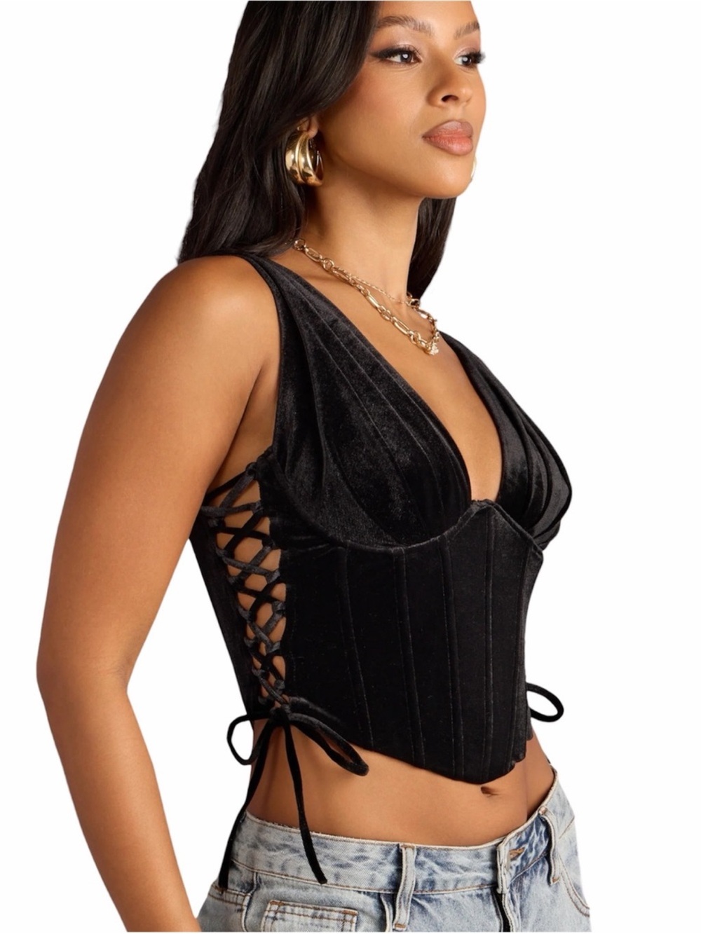 WINDSOR Black Velvet Side Lace Up Corset Whimsigoth Corset Top Size XS
